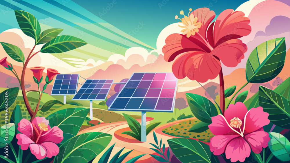 Sustainable harmony unfolds as pink hibiscus blooms flourish near solar panels in tropical setting, merging nature’s beauty with renewable energy, timeless vision blending vibrant ecology and radiant 