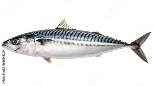 a whole mackerel fish with blue-green scales, a silver belly, and a yellow dorsal fin, isolated on a transparent background