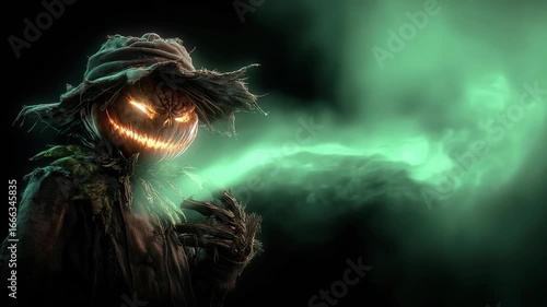 most sinister scarecrow with a pumpkin instead of a head Halloween with a smile, huge teeth, glowing green eyes, from which smoke comes out on a dark background