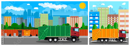 Garbage truck with waste on city street. Daily waste collection and disposal service. Environmental cleanup and recycling concept.