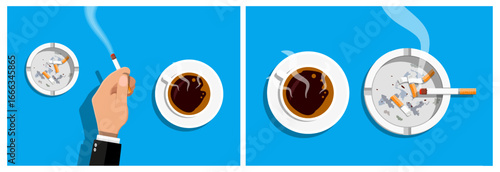 Man's hand holding burning cigarette over ashtray with butts and cup of coffee. Smoking break concept for habit.