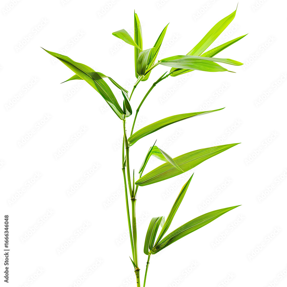Fototapeta premium Bright green bamboo stalk with delicate leaves against a black background