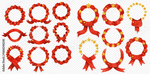 An assortment of watercolor-style red wreaths and circular frames with ribbons and gold stars.