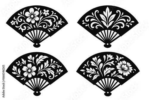 Set of decorative hand fans with floral ornaments. Black and white vector silhouette collection. Elegant traditional asian or spanish fan designs for crafts or stencils.