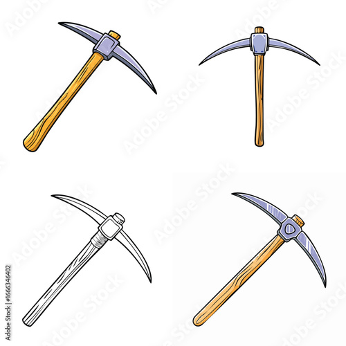 pickaxe, for mining, wooden handle and iron head,