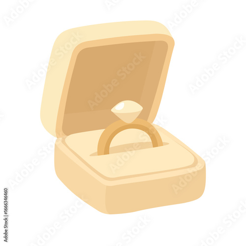Flat vector illustration of golden engagement ring with diamond inside elegant ivory jewelry box.