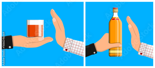 Man refusing alcohol. Human hand showing stop gesture to bottle and glass drinks. Sober choice and healthy lifestyle concept.