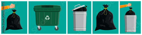 Man hand holding trash bag. Green recycling bin with recycle sign. Flat waste management illustration for environmental concept.