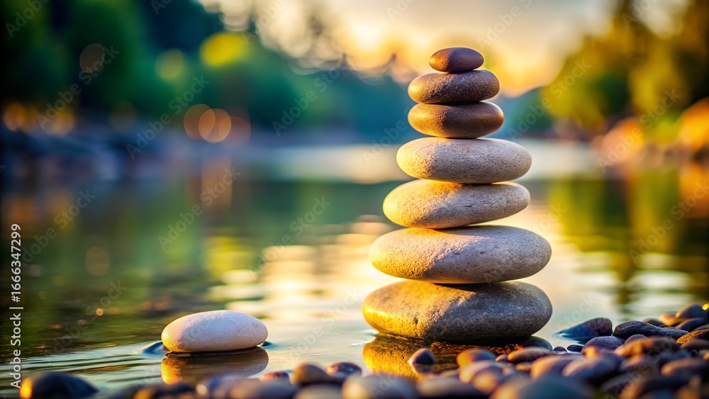 Obraz premium Stacked zen stones in water at sunset