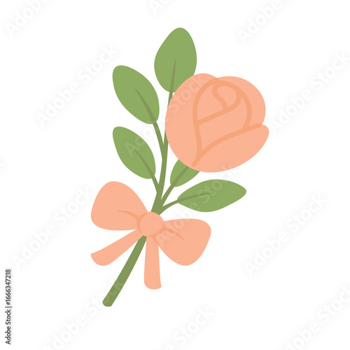 Flat vector illustration of peach rose boutonniere with green leaves and ribbon bow, isolated.
