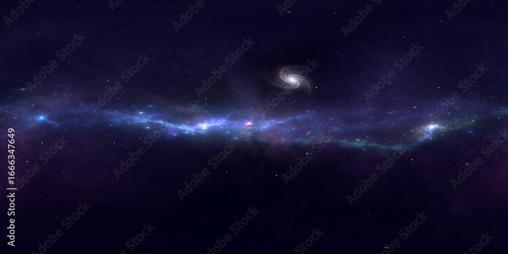 Fototapeta premium 360 degree space nebula. Giant interstellar cloud with stars, equirectangular projection, environment map. Spherical panorama. 3D rendering, Fractal image