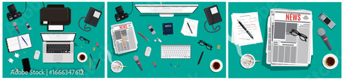 Journalist workspace with camera, laptop, and newspaper. Flat style reporter desk top view, news media information concept.