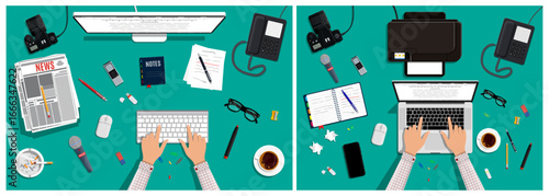 Journalist or writer working desk top view concept with newspaper, camera, microphone, and hands typing on computer keyboard for reporting news.