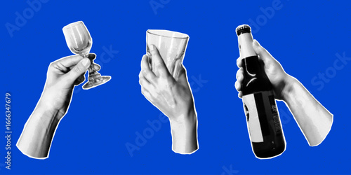 Set of halftone collage elements cut out of paper, celebration theme. Hands holding bottle, glass and shot glass, pop art stickers on neon blue background, punk grunge zine.