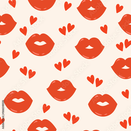 Colorful seamless vector pattern for Valentine's Day. Romantic red hearts and lips on a light background. Love concept. Happy Valentine’s day.