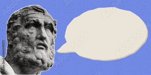 Classical marble bust with speech bubble element, surreal halftone collage, distressed vintage grunge, punk Y2k aesthetic, bright neon blue overlays, contemporary sticker illustration.