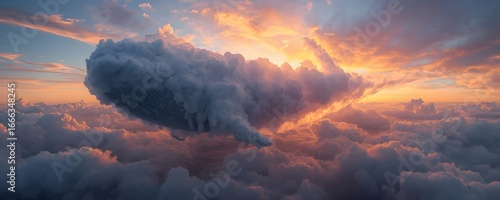 A whale shaped cloud floats above a sea of clouds at sunset. Panoramic abstract background.