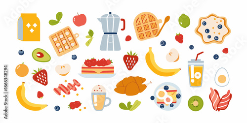 Colorful Breakfast Food Flat Lay Illustration on White Background