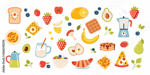 Colorful Breakfast Food Illustration with Fruits Pastries and Drinks