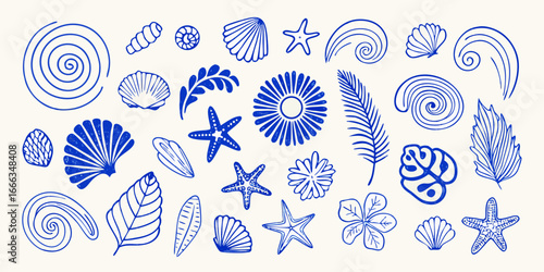 Hand Drawn Sea Shells and Plants in Blue on White Background