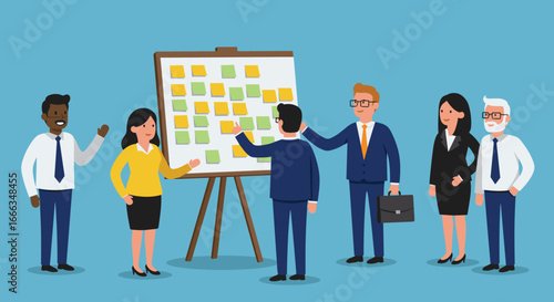 Business team planning, agile collaboration, sticky note strategy, project management, brainstorming session, workflow mapping, leadership, teamwork, productivity, meeting