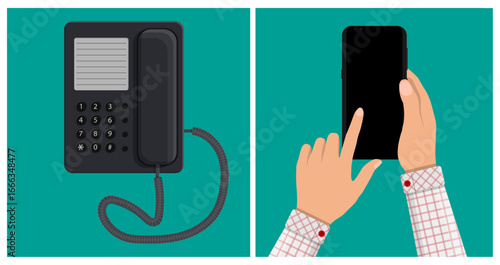 Landline phone and a man using a cellphone. Old and new communication technology. Modern telecommunication concept.
