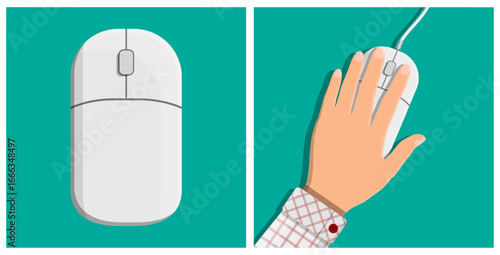 White computer mouse and caucasian man hand using it. Flat style computer accessory object. Technology, business concept.