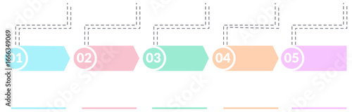 Colorful 5-step vector template for infographics and diagrams. Minimal flat design with dashed lines and pastel arrows on transparent background. Editable outline style suitable for presentations