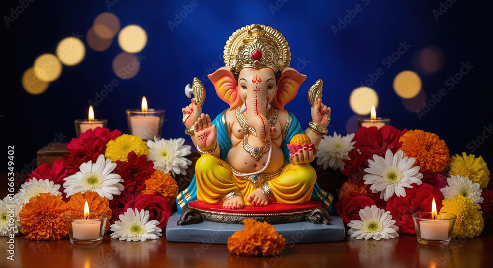Fototapeta premium Ganesh Idol Surrounded by Bright Flowers and Diyas with Festive Blue Background for Chaturthi