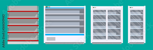 Empty store shelf and commercial refrigerator set. Supermarket shop equipment for food and beverage display. Retail business concept collection.