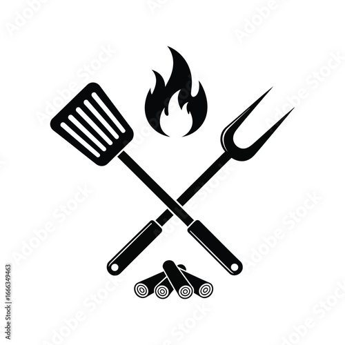 Barbecue grill utensils flames crossed firewood cooking food outdoors summer vector