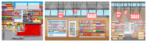 Supermarket interior with full shopping cart, food and beverage shelf, discount and sale signs for grocery store.