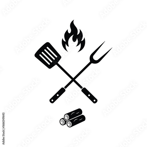 Barbecue grill utensils with fire and wood logs illustration for outdoor cooking and summer celebration vector