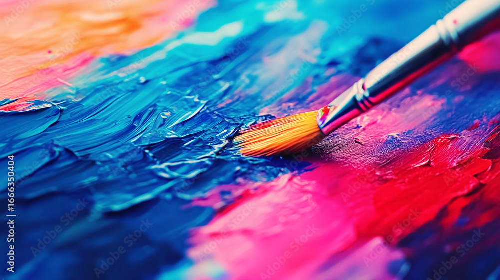 Fototapeta premium Brush Painting Vibrant Colors on Canvas in a Studio Environment