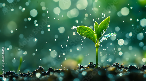Young green plant sprout growing in moist soil with water droplets, illuminated by soft light creating bokeh background, symbolizing growth and freshness