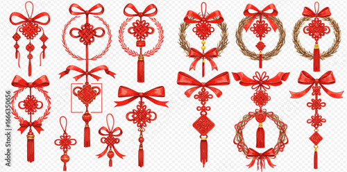 Collection of red Chinese knot designs, including wreaths, pendants, and tassels, ideal for festive decorations.