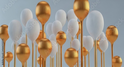 Abstract Decorative Spheres and Balloons in Gold and White