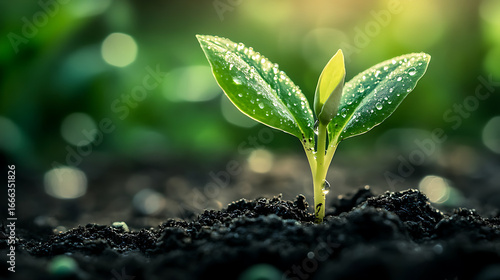 Young green plant sprouting from dark soil with water droplets on its leaves, symbolizing growth and freshness in nature, illuminated by soft sunlight in background