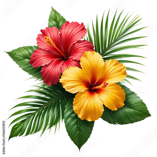 A vibrant arrangement of red and yellow hibiscus flowers with lush green tropical leaves