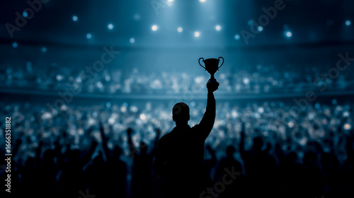 Silhouette of a man holding up a trophy in front of a crowd at a sports arena