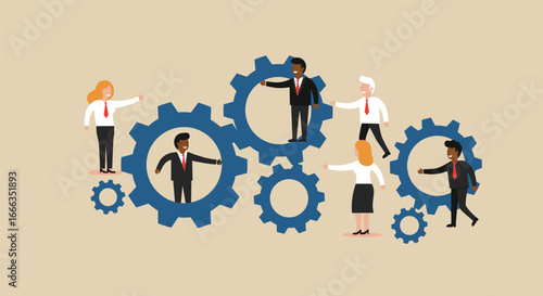 Teamwork concept, organizational synergy, business collaboration, role integration, gear system, company structure, workflow, cooperation, productivity, unity
