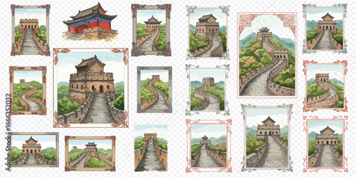 A decorative set of framed watercolor illustrations of the Great Wall of China, showcasing scenic views, watchtowers, and a traditional building.