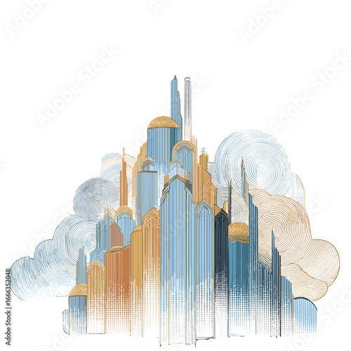 Urban Dreamscape: A stylized representation of a futuristic cityscape with towering skyscrapers piercing the sky, evoking a sense of architectural wonder and innovation.