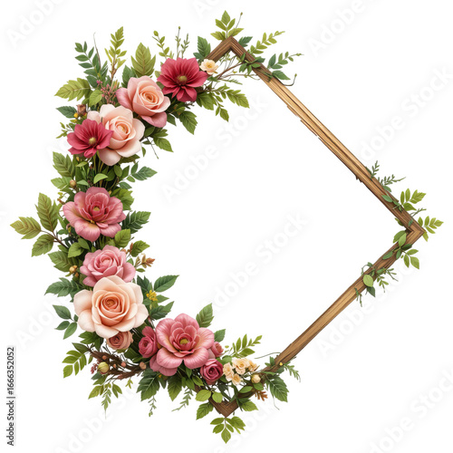 Decorative diamond frame adorned with pink roses and lush green foliage on black background