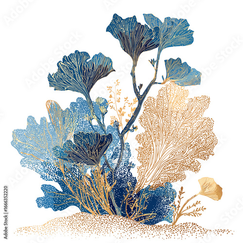 Oceanic Elegance: Captivating artwork showcasing a collection of intricate and artistic seaweed plants with beautiful blue and gold details. Embodying the serene beauty of the ocean's depths.