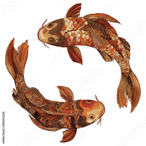 Koi Fish Duo: Two intricately detailed koi fish gracefully dance, creating a sense of balance and harmony. A captivating illustration perfect for symbolic and artistic projects.