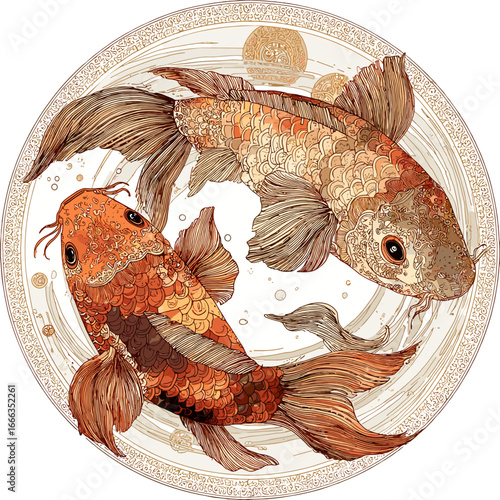 Artistic Koi Fish Composition: Two vibrant koi fish swim in harmony, set within an ornate circular design. This artwork celebrates the beauty and symbolism of koi.