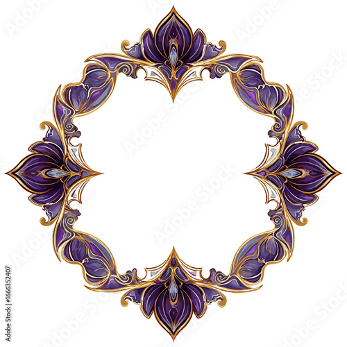 Royal Elegance: A meticulously crafted ornamental frame, adorned with intricate floral designs and an opulent color palette of gold and purple, perfect for enhancing any creative project or design.
