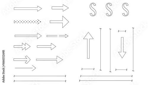 CAD style line drawing of architectural symbols including arrows, section marks, and dimension lines for technical drafting, engineering drawings, and construction design plans