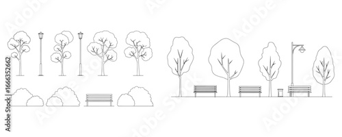 Minimalistic outline vector illustration of park elements including trees, shrubs, benches, and street lamps, clean architectural CAD style line drawing for landscape design and urban planning